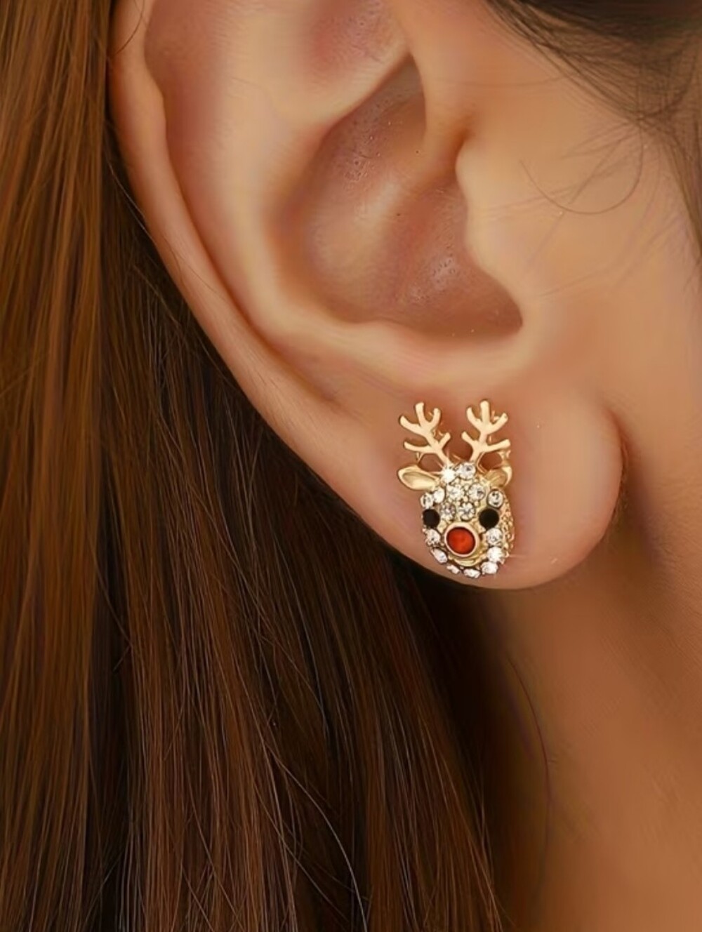 NWT* Gold Rhinestone, Red, White, Black, Reindeer, Christmas Stud Earrings *NEW